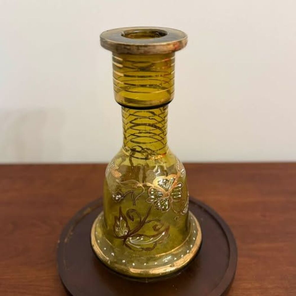 Vintage Amber-Green Glass Decorative Vase with Raised Enamel & Gold Trim